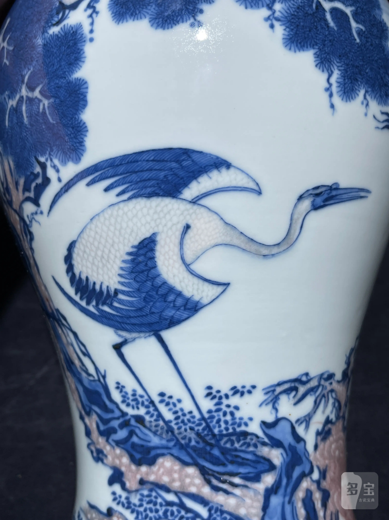 民国 王步风格青花釉里红松鹤纹梅瓶 - 图5